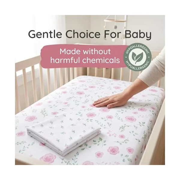 EVERYDAY KIDS 2 Pack Fitted Girls Crib Sheet, 100% Soft Breathable Microfiber Baby Sheet, Fits Standard Size Crib Mattress 28in x 52in, White and Pink Nursery Sheets with Flowers, Roses and Rosebuds