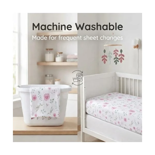 EVERYDAY KIDS 2 Pack Fitted Girls Crib Sheet, 100% Soft Breathable Microfiber Baby Sheet, Fits Standard Size Crib Mattress 28in x 52in, White and Pink Nursery Sheets with Flowers, Roses and Rosebuds