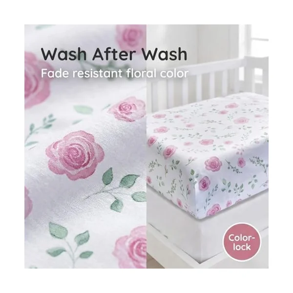 EVERYDAY KIDS 2 Pack Fitted Girls Crib Sheet, 100% Soft Breathable Microfiber Baby Sheet, Fits Standard Size Crib Mattress 28in x 52in, White and Pink Nursery Sheets with Flowers, Roses and Rosebuds