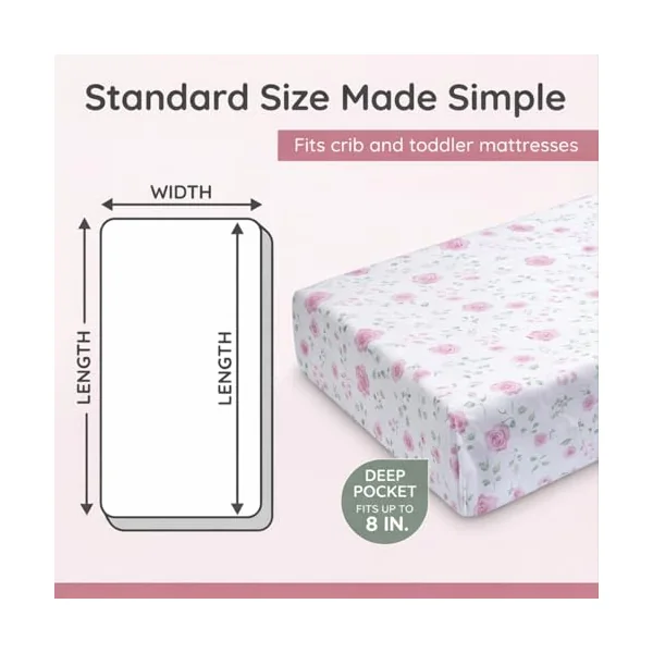 EVERYDAY KIDS 2 Pack Fitted Girls Crib Sheet, 100% Soft Breathable Microfiber Baby Sheet, Fits Standard Size Crib Mattress 28in x 52in, White and Pink Nursery Sheets with Flowers, Roses and Rosebuds