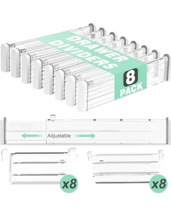 Expandable Drawer Dividers, Clear Drawer Organizers for Utensils, Clothes with 8 Drawer Separators(12.6-22.8''), 16 Inserts(3.9-7.1''), Adjustable Kitchen Drawer in Bedroom, Office Storage