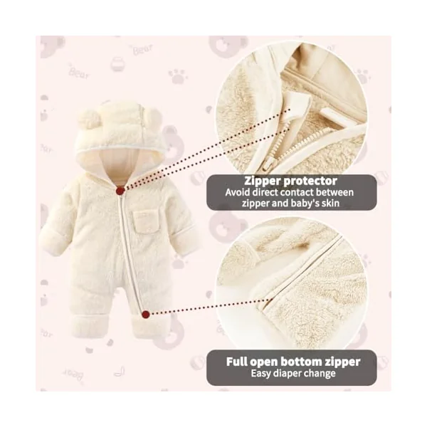 Fairy Baby Baby Snowsuit, Newborn Baby Bear Hooded Footed Romper Fleece Snowsuit Cartoon Flannel Zipper Jumpsuit Fall Winter Outfits