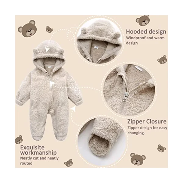Fairy Baby Baby Snowsuit, Newborn Baby Hooded Footed Romper Fleece Snowsuit Cartoon Flannel Zipper Jumpsuit Thin Fall Winter Outfits