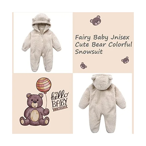Fairy Baby Baby Snowsuit, Newborn Baby Hooded Footed Romper Fleece Snowsuit Cartoon Flannel Zipper Jumpsuit Thin Fall Winter Outfits