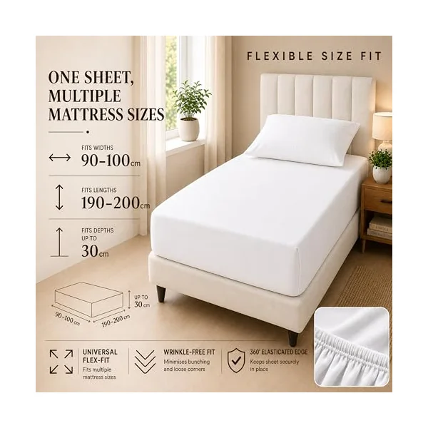 Family Bedding Deep Fitted Sheet, 100% Jersey Cotton, White, Single | 30cm Elasticated Pocket, Fits 90x190cm to 100x200cm, Breathable Fabric