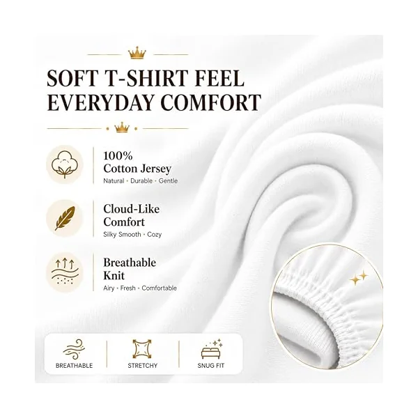 Family Bedding Deep Fitted Sheet, 100% Jersey Cotton, White, Single | 30cm Elasticated Pocket, Fits 90x190cm to 100x200cm, Breathable Fabric