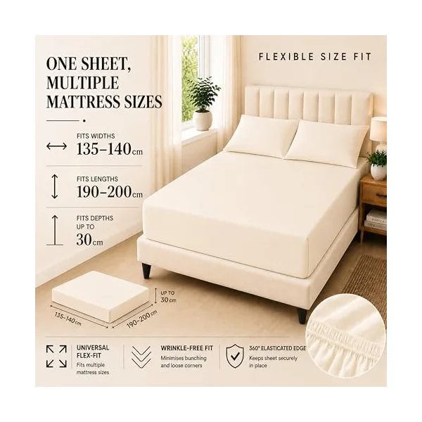Family Bedding Deep Pocket Double Fitted Sheet, 100% Jersey Cotton, Cream | 30cm Depth, Fully Elasticated, Fits 135x190cm to 140x200cm Mattresses