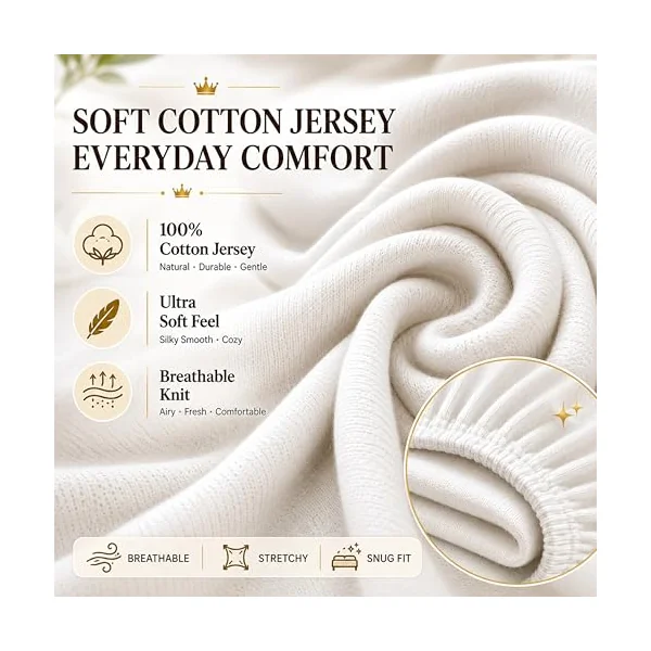 Family Bedding Deep Pocket Double Fitted Sheet, 100% Jersey Cotton, Cream | 30cm Depth, Fully Elasticated, Fits 135x190cm to 140x200cm Mattresses