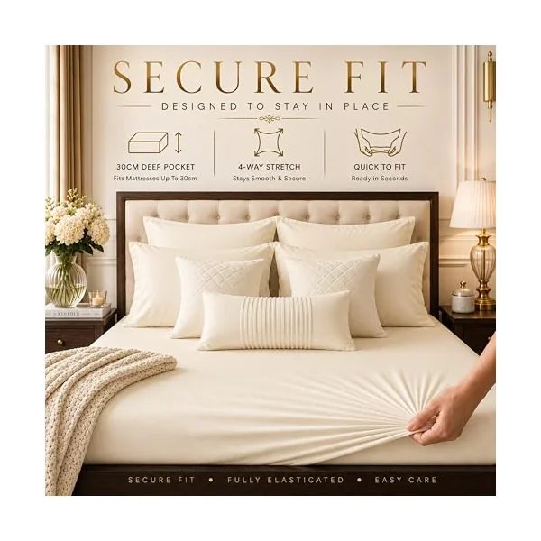 Family Bedding Deep Pocket Double Fitted Sheet, 100% Jersey Cotton, Cream | 30cm Depth, Fully Elasticated, Fits 135x190cm to 140x200cm Mattresses