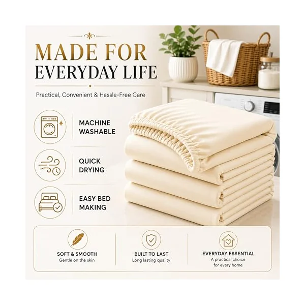 Family Bedding Deep Pocket Double Fitted Sheet, 100% Jersey Cotton, Cream | 30cm Depth, Fully Elasticated, Fits 135x190cm to 140x200cm Mattresses