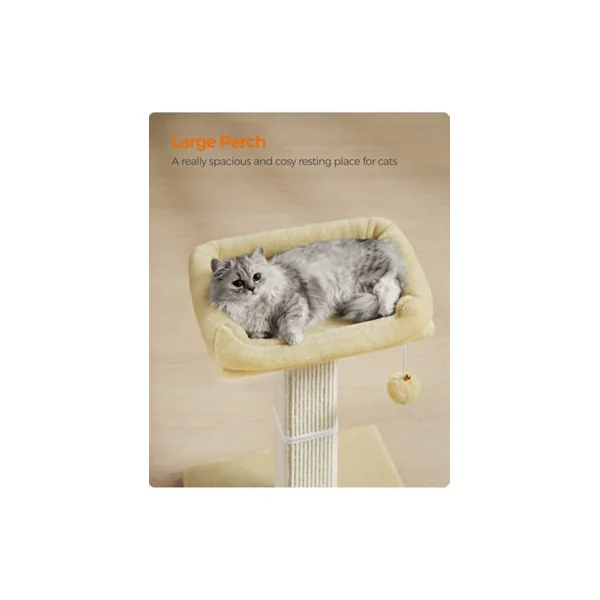 Feandrea Cat Scratching Post, Cat Scratcher With 40 X 30 Cm Plush Perch,71 Cm Tall Scratch Post, 45 X 40 Cm Base, Pompom