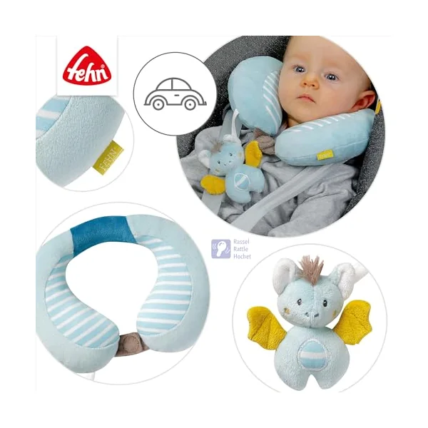 Fehn 065282 Bat Neck Support – Neck Pillow with Small Rattle for Babies and Toddlers from 6 Months Upwards – Dimensions : 24 X 20 cm