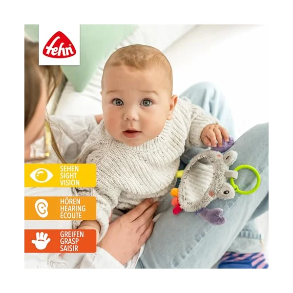 Fehn Activity-Spiegel Krabbe – Motorikspielzeug zum Aufhängen für Kinderwagen, Kinderbett und Babyschale – zum Beißen, Greifen und Geräusche erzeugen – Spielzeug für Babys und Kinder AB 0+ Monaten