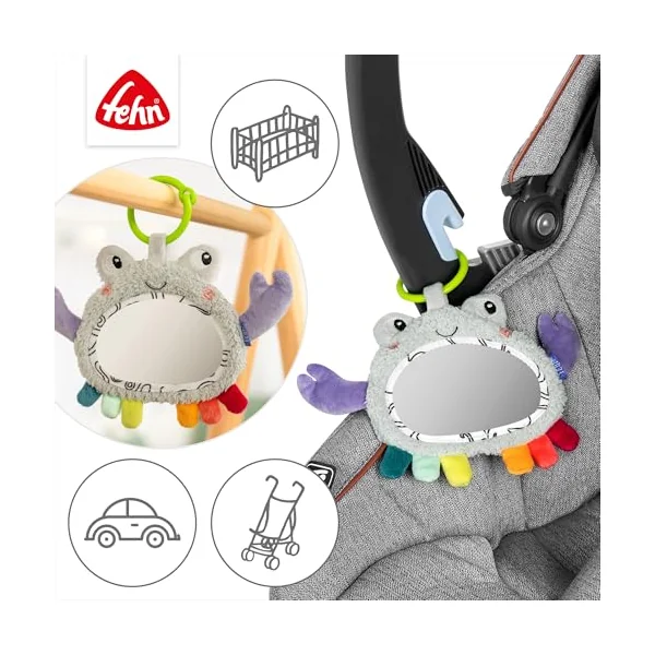 Fehn Activity-Spiegel Krabbe – Motorikspielzeug zum Aufhängen für Kinderwagen, Kinderbett und Babyschale – zum Beißen, Greifen und Geräusche erzeugen – Spielzeug für Babys und Kinder AB 0+ Monaten