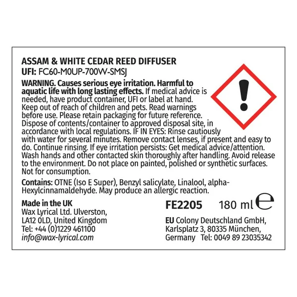 Fired Earth 180ml Reed Diffuser - Assam & White Cedar