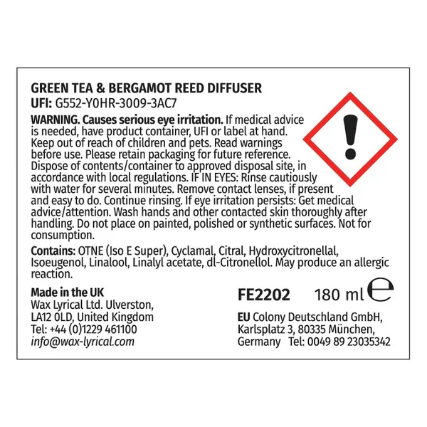 Fired Earth 180ml Reed Diffuser - Green Tea & Bergamot