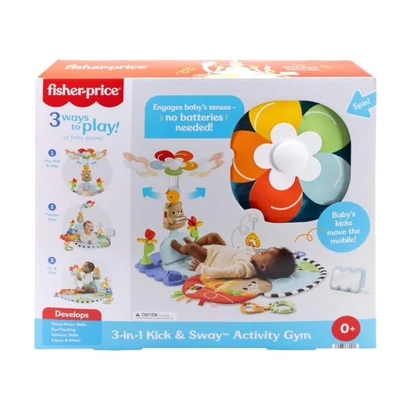 Fisher-Price 3-in-1 Kick & Sway Activity Gym | Baby Playmat, 10+ Sensory Activities, Non-electronic Developmental Play, Newborn Infants Ages 0+, JMT98