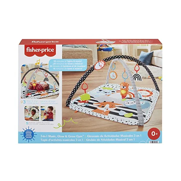 Fisher-Price 3-in-1 Music Glow & Grow Gym Newborn Toy | Washable 30 x 30-Inch Baby Playmat, 5 Sensory Toys, Music & Lights, Tummy Time, Gross Motor Skills, Ages 0+ Months, HPF39