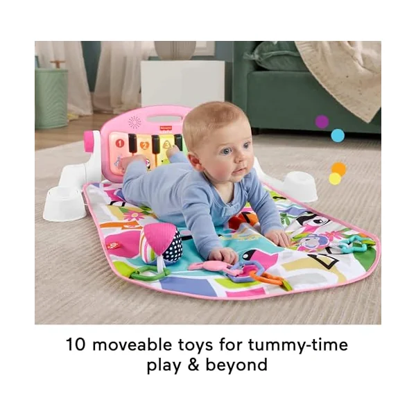 Fisher-Price Baby Activity Mat Glow and Grow Kick & Play Piano Gym, Portable Musical Toy with Smart Stages Learning, Ages 0+ Months, Pink