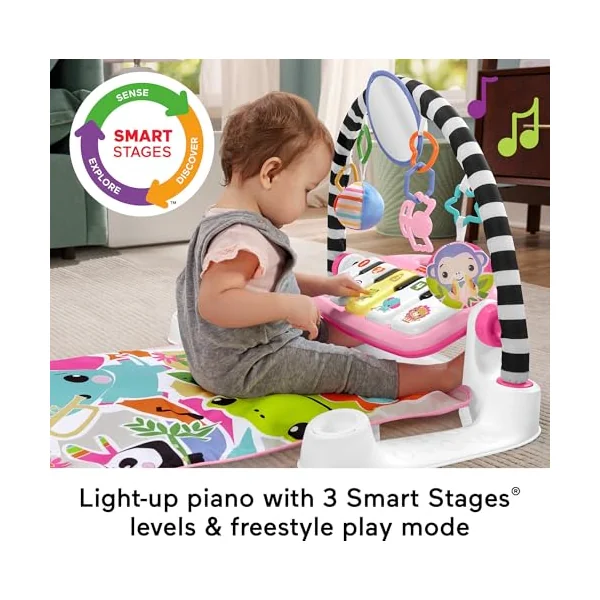 Fisher-Price Baby Activity Mat Glow and Grow Kick & Play Piano Gym, Portable Musical Toy with Smart Stages Learning, Ages 0+ Months, Pink