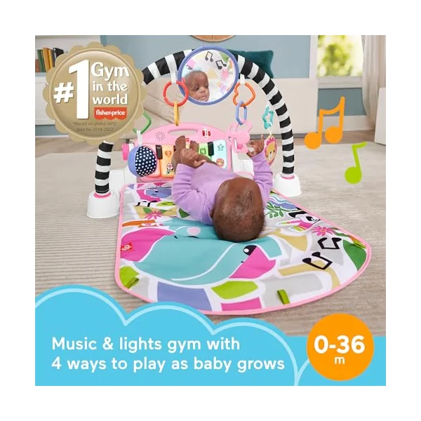 Fisher-Price Baby Activity Mat Glow and Grow Kick & Play Piano Gym, Portable Musical Toy with Smart Stages Learning, Ages 0+ Months, Pink, Queens English Version, HWY61