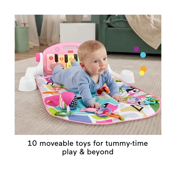 Fisher-Price Baby Activity Mat Glow and Grow Kick & Play Piano Gym, Portable Musical Toy with Smart Stages Learning, Ages 0+ Months, Pink, Queens English Version, HWY61