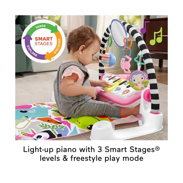 Fisher-Price Baby Activity Mat Glow and Grow Kick & Play Piano Gym, Portable Musical Toy with Smart Stages Learning, Ages 0+ Months, Pink, Queens English Version, HWY61