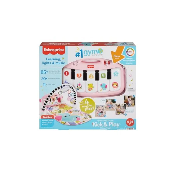 Fisher-Price Baby Activity Mat Glow and Grow Kick & Play Piano Gym, Portable Musical Toy with Smart Stages Learning, Ages 0+ Months, Pink, Queens English Version, HWY61