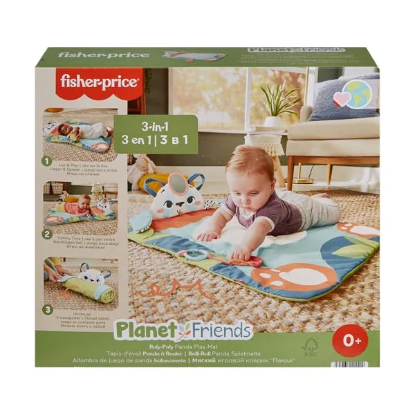 Fisher-Price Baby Activity Play Mat Planet Friends Roly-Poly Panda with 2 Toys for Newborn Tummy Time Play, Made of 90% recycled Plastic and FSC certified packaging, HKD65