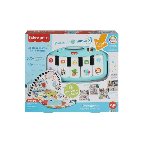 Fisher-Price - Baby Piano Gym, Portable Music Set with 3 Levels of Smart Stages Learning, Includes 10 Connectable Toys, Italian Version, Toy for Children, 0+ Months, HWY53