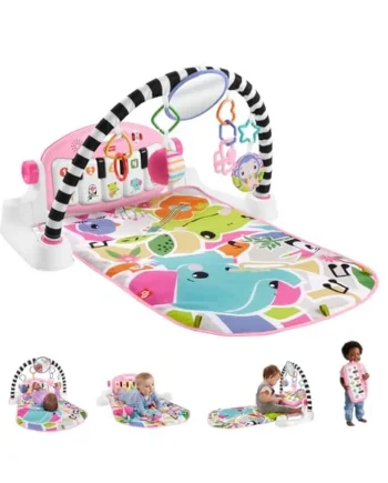 Fisher-Price Glow & Grow Kick & Play Piano Gym Baby Toy, UK English | Washable Playmat, Pink Light-Up Piano, 10 Sensory Toys, Smart Stages Learning Content, Newborns Ages 0+ Months, HYH63