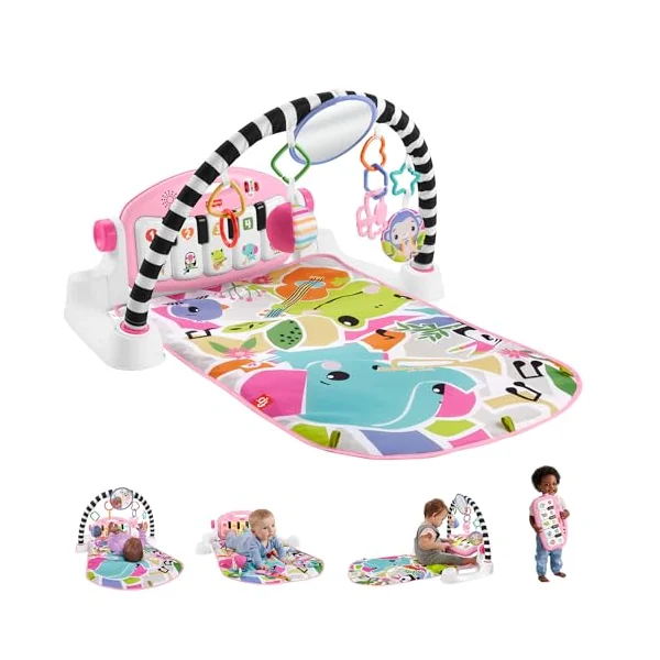 Fisher-Price Glow & Grow Kick & Play Piano Gym Baby Toy, UK English | Washable Playmat, Pink Light-Up Piano, 10 Sensory Toys, Smart Stages Learning Content, Newborns Ages 0+ Months, HYH63