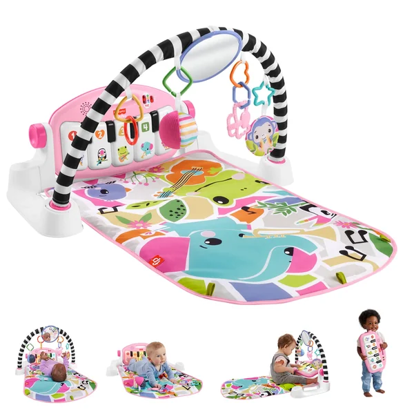 Fisher-Price Glow & Grow Kick & Play Piano Gym Baby Toy, UK English | Washable Playmat, Pink Light-Up Piano, 10 Sensory Toys, Smart Stages Learning Content, Newborns Ages 0+ Months, HYH63