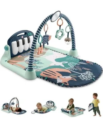 Fisher-Price Kick & Play Piano Baby Gym, Navy Fawn | Washable Playmat, Musical Piano, 5 Sensory Activity Toys, Newborn Infants Ages 0+, JMN75