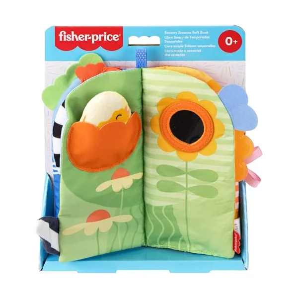 Fisher-Price Sensory Seasons Soft Book Baby Toy | 4 Pages, Tummy Time Play, Busy Activities incl Teether & Mirror, Newborn Infants Ages 0+, JKP53