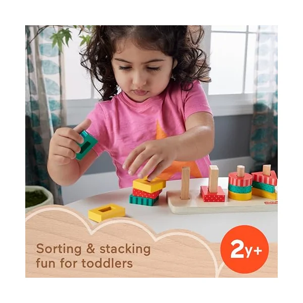 Fisher-Price Toddler Sorting Toy Wooden Shape Stacker, 13 Wood Pieces for Fine Motor Play Preschool Kids Ages 2+ Years, HXV05