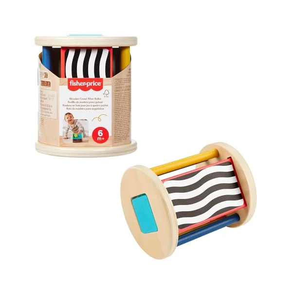 Fisher-Price Wood Crawl-After Roller Baby Toy | Wooden Rattle Activity, Sensory & Motor Skills Play, Infants & Toddlers Ages 6+ Months, JKH17