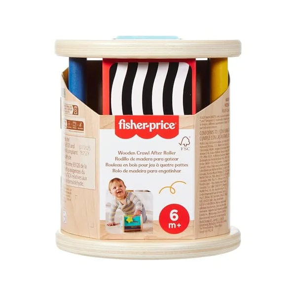 Fisher-Price Wood Crawl-After Roller Baby Toy | Wooden Rattle Activity, Sensory & Motor Skills Play, Infants & Toddlers Ages 6+ Months, JKH17