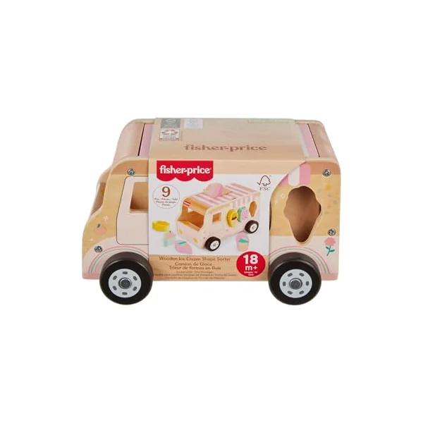Fisher-Price Wood Toddler Toy Ice Cream Truck Shape Sorter Set, 9 Wooden Pieces for Developmental Play Kids Ages 18+ Months, HXT86