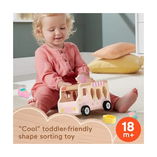Fisher-Price Wood Toddler Toy Ice Cream Truck Shape Sorter Set, 9 Wooden Pieces for Developmental Play Kids Ages 18+ Months, HXT86