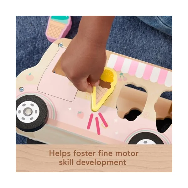 Fisher-Price Wood Toddler Toy Ice Cream Truck Shape Sorter Set, 9 Wooden Pieces for Developmental Play Kids Ages 18+ Months, HXT86
