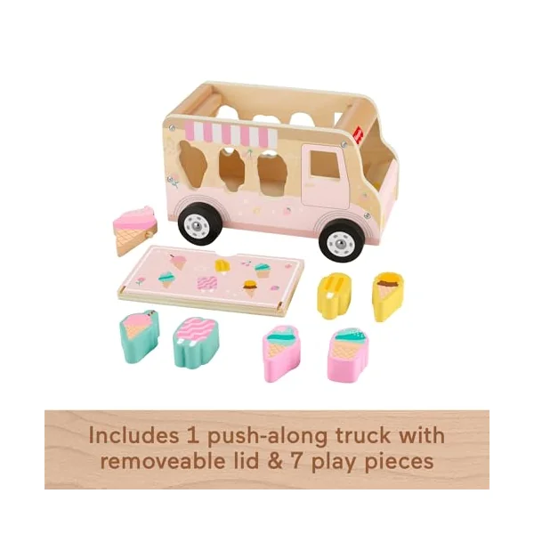 Fisher-Price Wood Toddler Toy Ice Cream Truck Shape Sorter Set, 9 Wooden Pieces for Developmental Play Kids Ages 18+ Months, HXT86