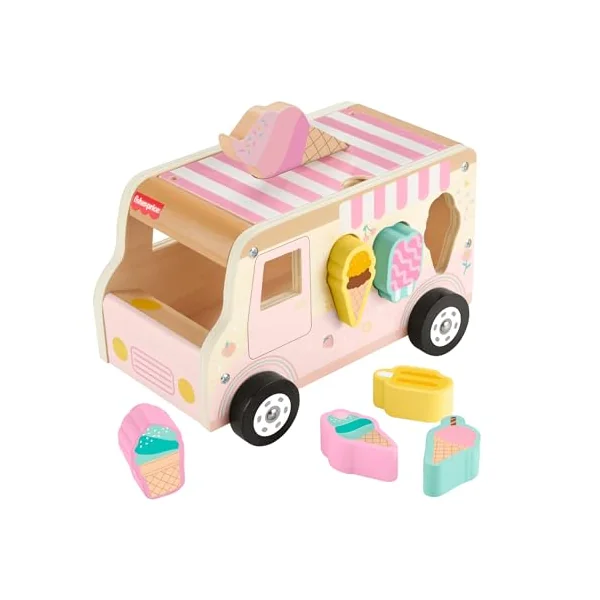 Fisher-Price Wood Toddler Toy Ice Cream Truck Shape Sorter Set, 9 Wooden Pieces for Developmental Play Kids Ages 18+ Months, HXT86