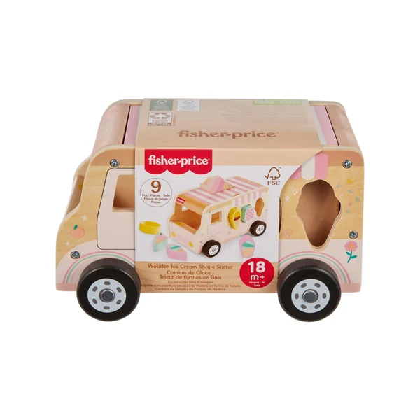 Fisher-Price Wood Toddler Toy Ice Cream Truck Shape Sorter Set, 9 Wooden Pieces for Developmental Play Kids Ages 18+ Months, HXT86