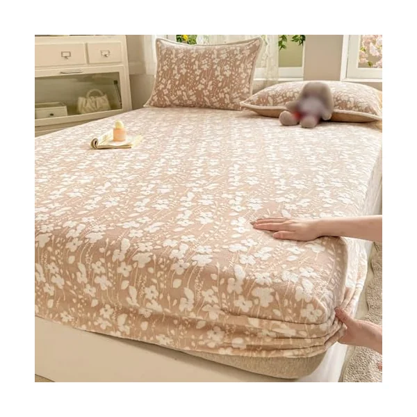 Fitted Sheet 150 x 200 cm Soft with 2 Pillowcases Floral Pattern Fitted Sheet Milk Velvet 3-Piece Wrinkle Resistant Sheet for Bed Cover Khaki for Box Spring Bed and Water Bed