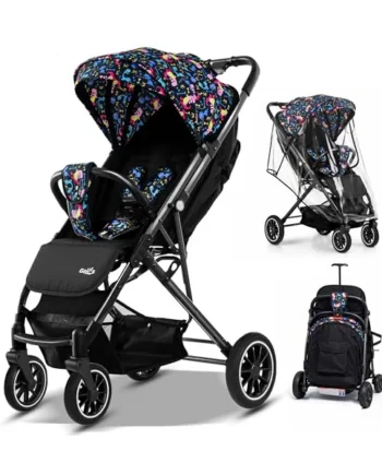 FK Sports Baby Pushchair Stroller from Birth to 3 Years Lightweight Foldable Travel Buggy with 5-Point Harness, Adjustable Seat and Oversized Basket with Cup Holder Smooth Swivel Wheels (Cartoon)