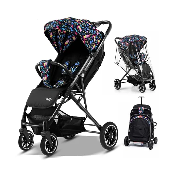 FK Sports Baby Pushchair Stroller from Birth to 3 Years Lightweight Foldable Travel Buggy with 5-Point Harness, Adjustable Seat and Oversized Basket with Cup Holder Smooth Swivel Wheels (Cartoon)