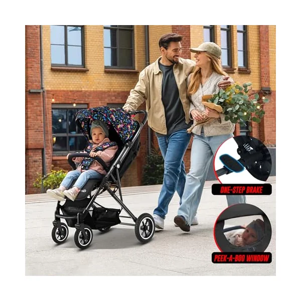 FK Sports Baby Pushchair Stroller from Birth to 3 Years Lightweight Foldable Travel Buggy with 5-Point Harness, Adjustable Seat and Oversized Basket with Cup Holder Smooth Swivel Wheels (Cartoon)