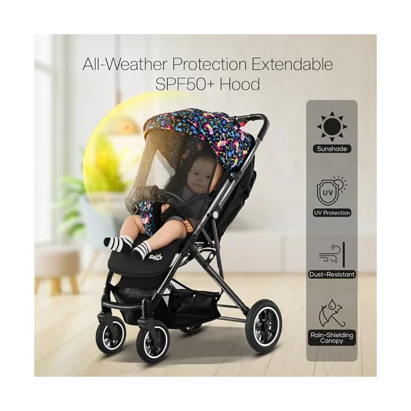 FK Sports Baby Pushchair Stroller from Birth to 3 Years Lightweight Foldable Travel Buggy with 5-Point Harness, Adjustable Seat and Oversized Basket with Cup Holder Smooth Swivel Wheels (Cartoon)