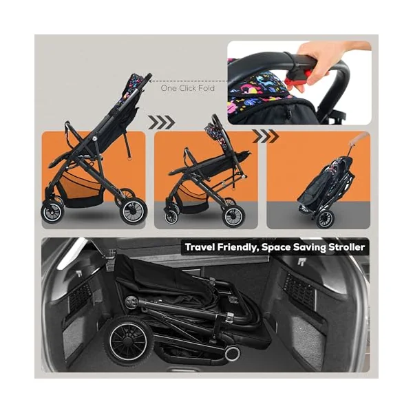FK Sports Baby Pushchair Stroller from Birth to 3 Years Lightweight Foldable Travel Buggy with 5-Point Harness, Adjustable Seat and Oversized Basket with Cup Holder Smooth Swivel Wheels (Cartoon)